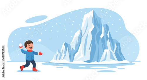 Happy Boy Having Fun And Throwing Snowballs Near The Mountain In Winter