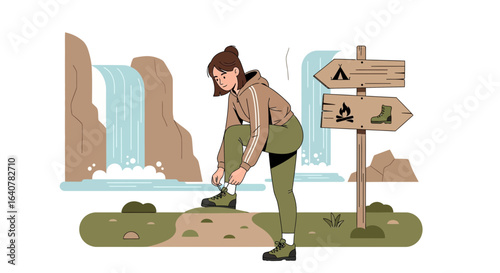 Illustration of a woman tying her shoelaces near a waterfall with a signpost directions