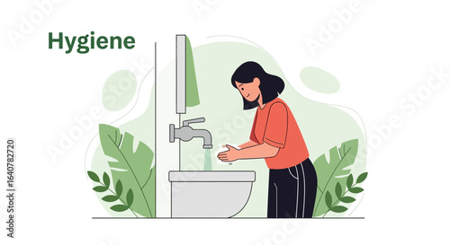 Illustration of a woman washing her hands in a sink, emphasizing the importance of hygiene for health and preventing the spread of germs