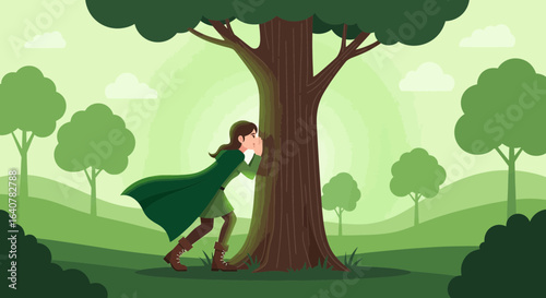 Illustration of a woman whispering secret to a tree in a green forest landscape for eco-friendly lifestyle