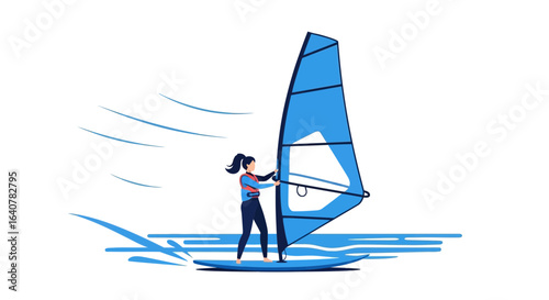 Illustration of a woman windsurfing on a sunny day in a minimalist style depiction of recreation activity