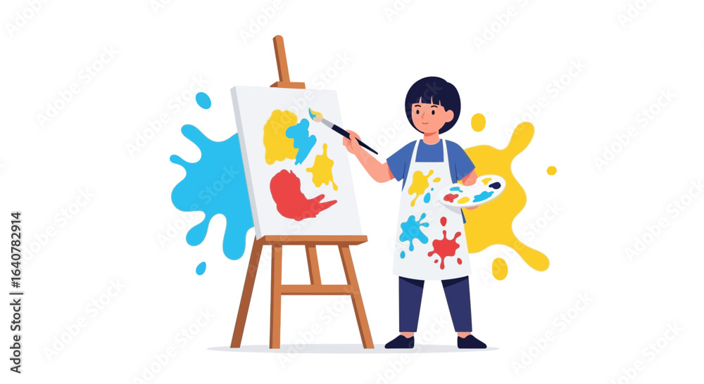Fototapeta premium Illustration of a young artist painting with vibrant colors on an easel against a white background