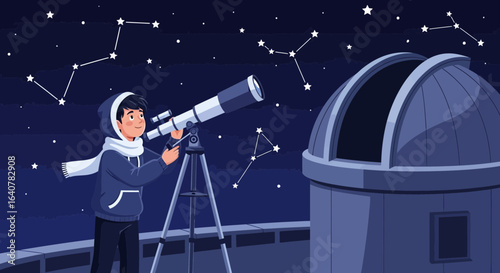 Illustration of a young astronomer observing the stars through a telescope at night