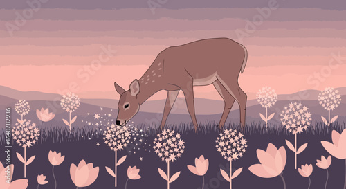 Illustration of a deer grazing among flowers at sunset in a peaceful landscape