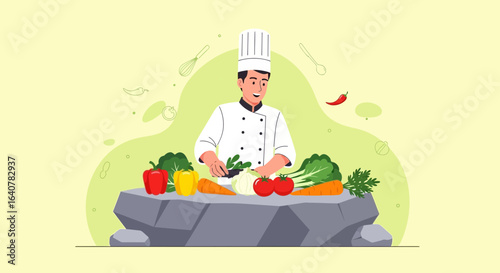 Happy Chef Preparing Vegetables In The Kitchen For Healthy Meal Prep