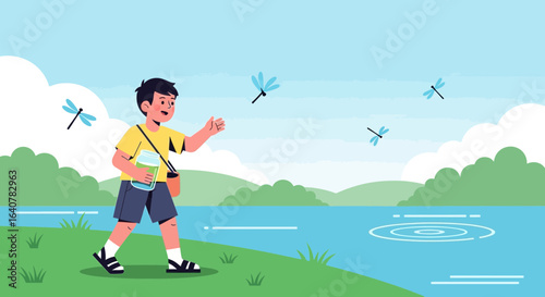 Illustration of a young boy catching dragonflies near the water pond during summer vacations happy life outdoor recreational activities