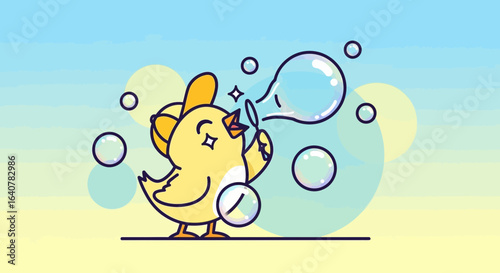 Happy Chick Blowing Bubbles Cartoon Illustration For Kid's Content Creation