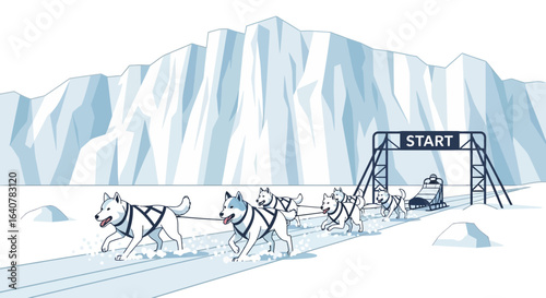 Illustration of a dog sled team racing across a snowy landscape with ice mountains and a starting line