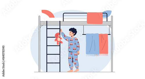 Illustration of a young boy in pajamas climbing a ladder to a bunk bed with a teddy bear