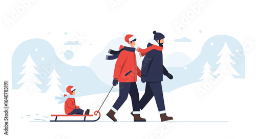 Illustration of a family enjoying a winter walk and sledding in a snowy landscape
