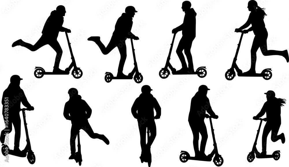 Obraz premium silhouettes of people riding scooters, multiple figures, various poses, black and white, simple background, vector illustration style