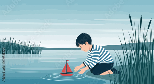 Illustration of a young boy playing with a toy sailboat by the tranquil lakeside scenery