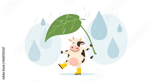Happy Cow In Yellow Boots Sheltering Under A Leaf From A Rainy Day
