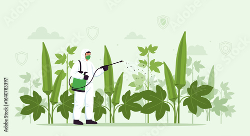 Illustration of a farmer spraying pesticide on okra plants for crop protection vector