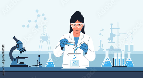 Illustration of a female scientist doing research in a laboratory with scientific equipment in soft blue tones
