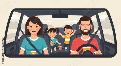 Happy family driving in car on road trip vacation, parents and children together