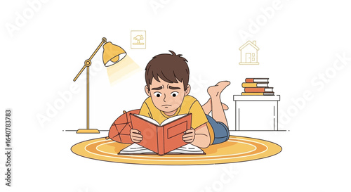Illustration of a frustrated student reading a book on the floor at home while studying