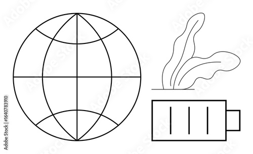 Globe grid, battery, and abstract leaves represent global sustainability, renewable energy, and nature preservation. Ideal for ecology, technology, environment, energy conservation global issues