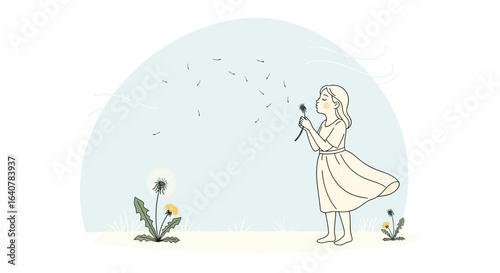 Illustration of a girl blowing dandelion seeds representing dreams and childhood innocence blowing in the gentle wind