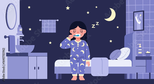 Illustration of a girl brushing her teeth before sleeping in a moonlit bedroom