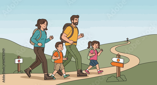 Happy family enjoying hiking adventure in the mountains together on holiday vacation for outdoor activity and recreation with their kids