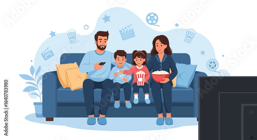 Happy family enjoying movie night at home with popcorn and entertainment system vector illustration