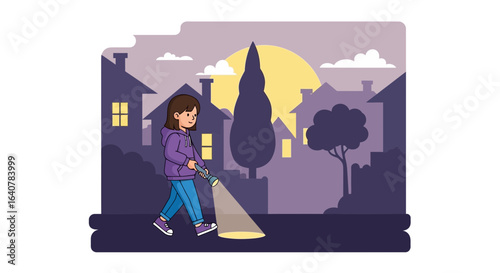 Illustration of a girl exploring the neighborhood at night with a flashlight vector