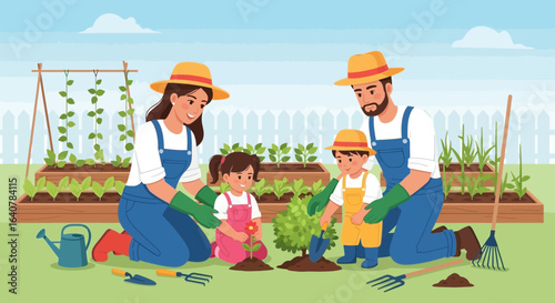 Happy family gardening together in the backyard, planting flowers and vegetables and enjoying quality time, fostering growth and connection
