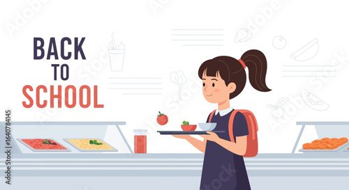 Illustration of a girl in school cafeteria holding food tray with back to school sign