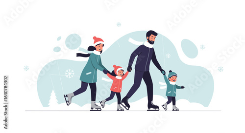 Happy Family Skating Together In Winter Recreational Activity On Snowy Background
