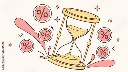 Hourglass and percentage coins illustrating time sensitive financial opportunities and investment growth with a sense of urgency and opportunity