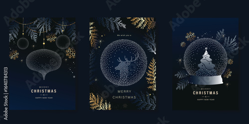 Christmas and Happy Holidays invitation card design vector. Christmas tree, pine leaves, snow globe, reindeer, spot texture on navy blue background. Design for Season's Greeting, Christmas, cover.
