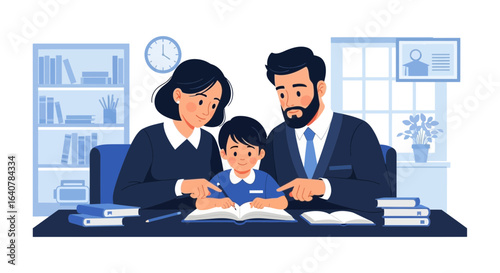 Happy Family Studying Together at Home Father Mother And Child Illustration