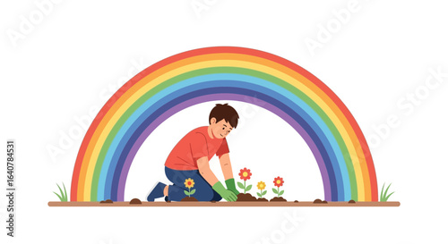 Happy Gardener Planting Flowers Under Rainbow In His Garden Illustration