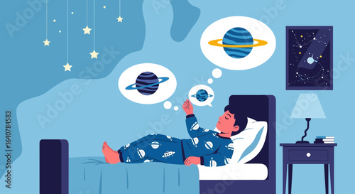 Illustration of a young man dreaming about space while asleep in bed at night