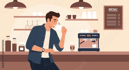 Illustration of a young man enjoying coffee in a cafe with a cozy atmosphere showcasing a modern coffee shop scene