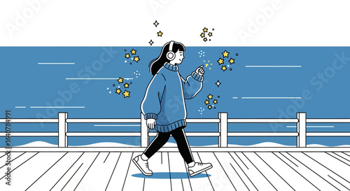 Illustration of a young woman listening to music and walking along a boardwalk by the ocean