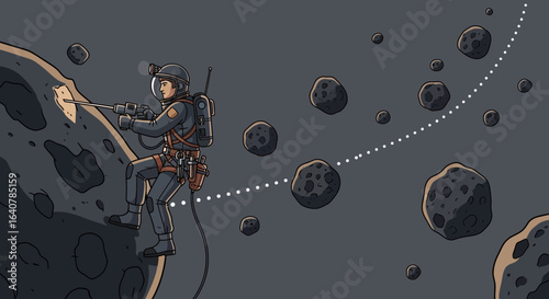 Illustration of an astronaut drilling into an asteroid for resource extraction and exploration activities in space