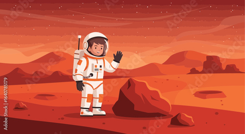 Illustration of an astronaut on a stylized mars landscape with red terrain and craters showing exploration and technology