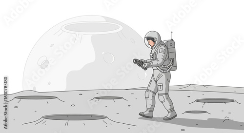 Illustration Of An Astronaut Exploring The Moon Surface With A Telescope
