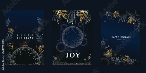 Christmas and Happy Holidays invitation card design vector. Pine leaves, bauble, snowflake, spot texture on navy blue background. Design for Season's Greeting, Christmas, cover.