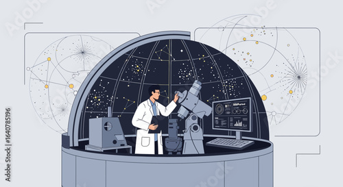 Illustration of an astronomer in an observatory studying constellations and celestial objects using a telescope