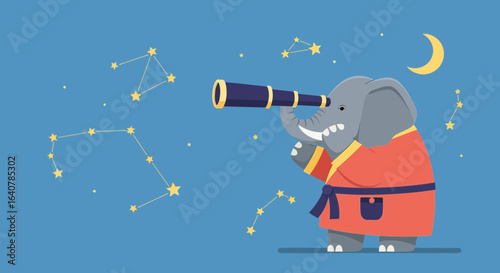 Illustration of an elephant wearing a robe looking through a telescope at the night sky with constellations