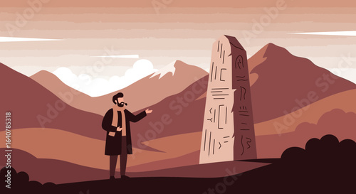 Illustration of an explorer discovering a mysterious obelisk in a desolate landscape
