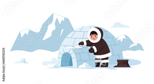 Illustration of an Inuk building an igloo in a winter landscape surrounded by snow mountains