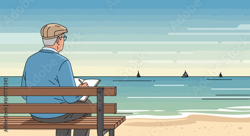 Illustration of an older man sitting on a bench at the beach contemplating the sea view