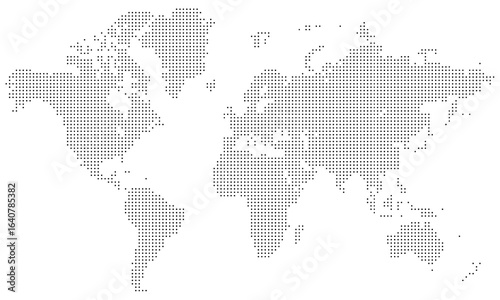 Square shape dotted world map. A new perspective on global geography. Pixel-perfect vector illustration for cartography enthusiasts. Asia, Europe, and America in abstract dots