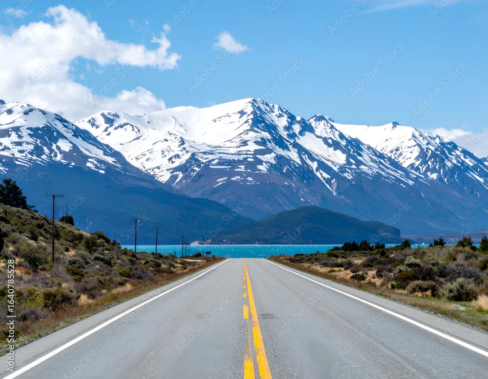 Fototapeta premium Scenic road leading to snow-capped mountains and a turquoise lake under a blue sky, conveying travel, adventure, and vast natural beauty.