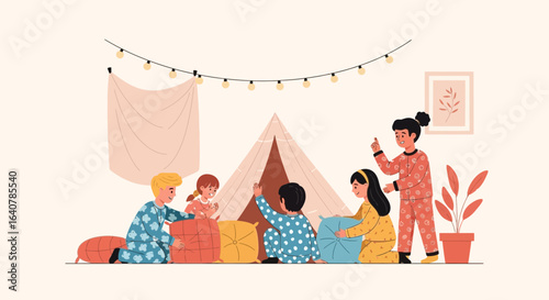 Illustration of children in pajamas having a pillow fight during a sleepover party