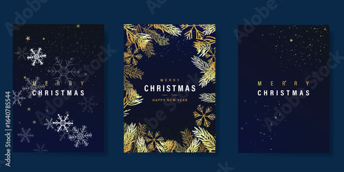 Christmas and Happy Holidays invitation card design vector. Pine leaves, star, snowflake on navy blue background. Design for Season's Greeting, Christmas, cover.